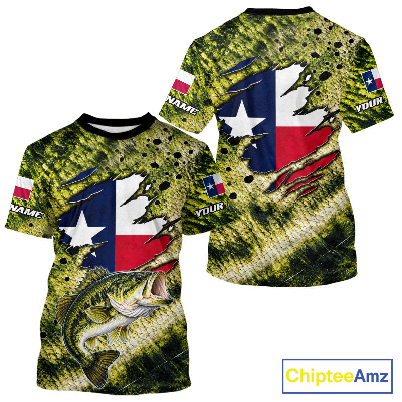 Largemouth Bass Fishing Shirt Custom Texas Flag Scale Pattern Short Sleeve Apparel