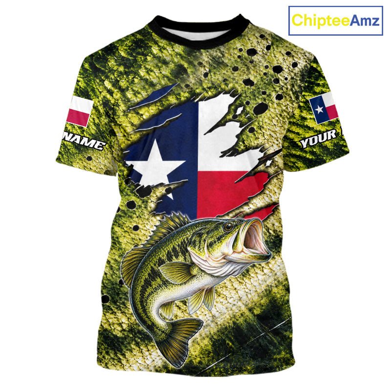 Largemouth Bass Fishing Shirt Custom Texas Flag Scale Pattern Short Sleeve Apparel