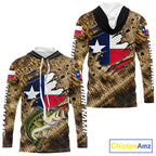 Largemouth Bass Fishing Shirt Custom Texas Flag Brown Scale Pattern Long Sleeve Hooded Apparel