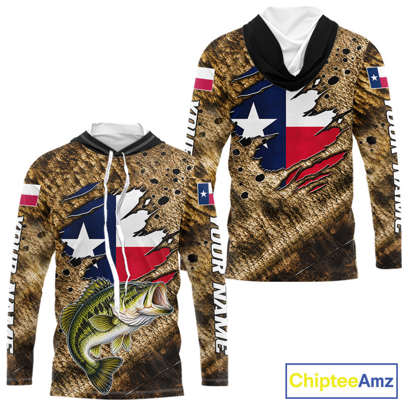 Largemouth Bass Fishing Shirt Custom Texas Flag Brown Scale Pattern Long Sleeve Hooded Apparel