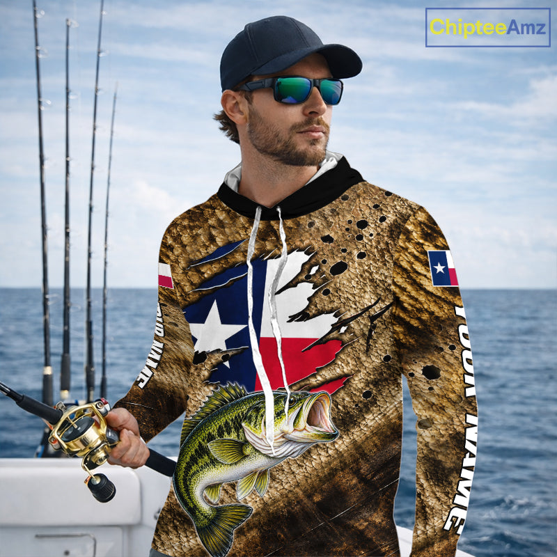 Largemouth Bass Fishing Shirt Custom Texas Flag Brown Scale Pattern Long Sleeve Hooded Apparel