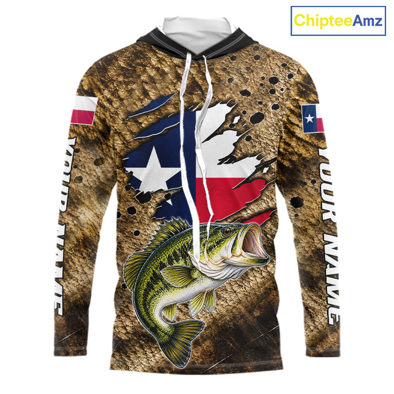 Largemouth Bass Fishing Shirt Custom Texas Flag Brown Scale Pattern Long Sleeve Hooded Apparel