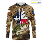 Largemouth Bass Fishing Shirt Custom Texas Flag Brown Scale Pattern Long Sleeve Hooded Apparel
