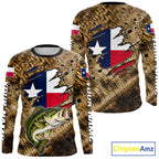 Largemouth Bass Fishing Shirt Custom Texas Flag Brown Scale Pattern Long Sleeve Apparel