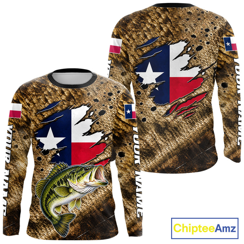 Largemouth Bass Fishing Shirt Custom Texas Flag Brown Scale Pattern Long Sleeve Apparel