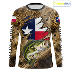Largemouth Bass Fishing Shirt Custom Texas Flag Brown Scale Pattern Long Sleeve Apparel