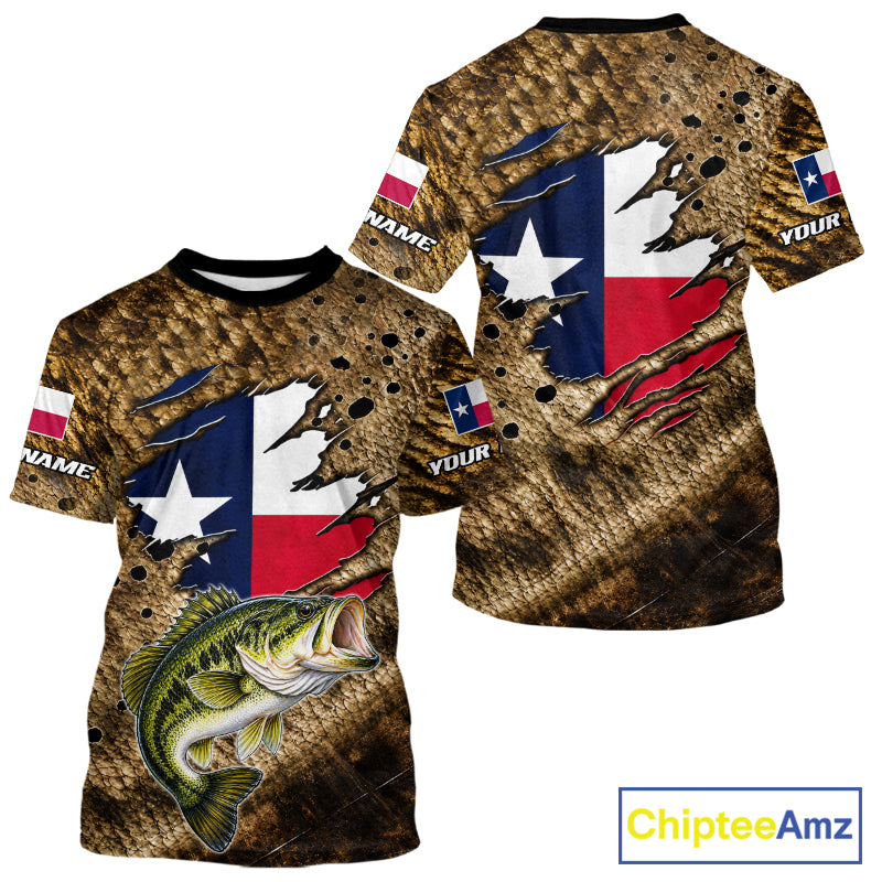 Largemouth Bass Fishing Shirt Custom Texas Flag Brown Scale Pattern Short Sleeve Apparel