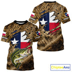 Largemouth Bass Fishing Shirt Custom Texas Flag Brown Scale Pattern Short Sleeve Apparel