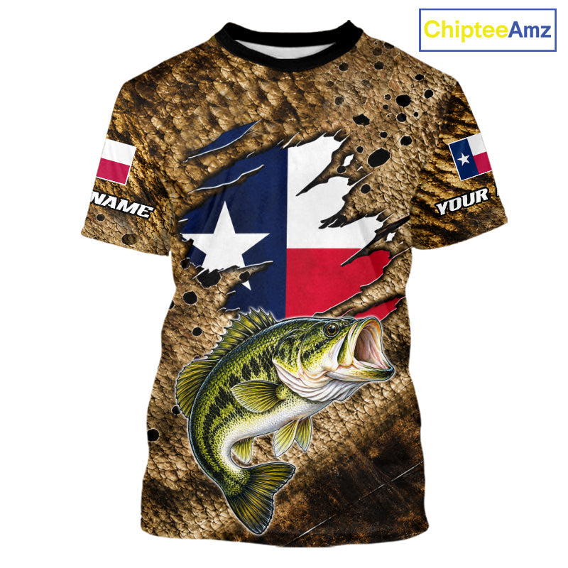 Largemouth Bass Fishing Shirt Custom Texas Flag Brown Scale Pattern Short Sleeve Apparel