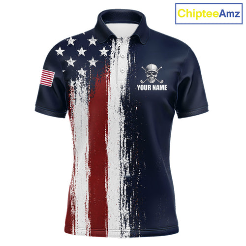 Personalized Skull Eagle Tournament Golf Polo Shirt American Flag Patriotic Golf Shirt Custom Name