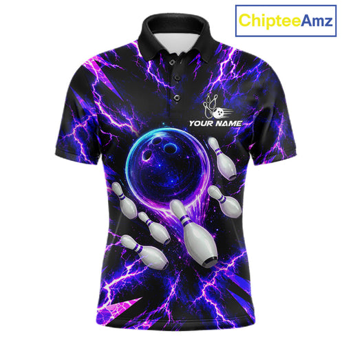 Custom Bowling Polo Shirt, Personalized Bowling Team Jersey, Purple Lightning Bowler Shirt