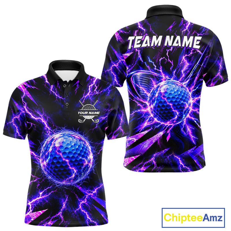 Personalized Purple Electric Lightning Golf Polo Shirt, Custom Golf Ball Polo Shirt