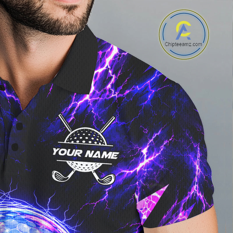 Personalized Purple Electric Lightning Golf Polo Shirt, Custom Golf Ball Polo Shirt