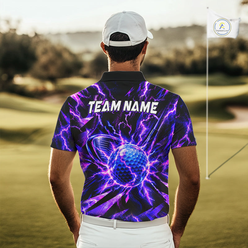 Personalized Purple Electric Lightning Golf Polo Shirt, Custom Golf Ball Polo Shirt