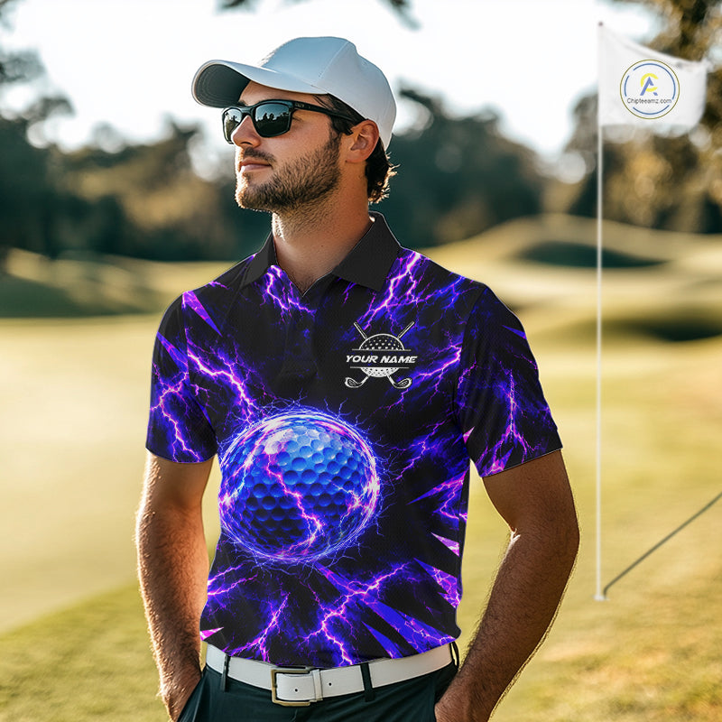 Personalized Purple Electric Lightning Golf Polo Shirt, Custom Golf Ball Polo Shirt