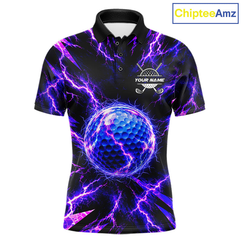 Personalized Purple Electric Lightning Golf Polo Shirt, Custom Golf Ball Polo Shirt