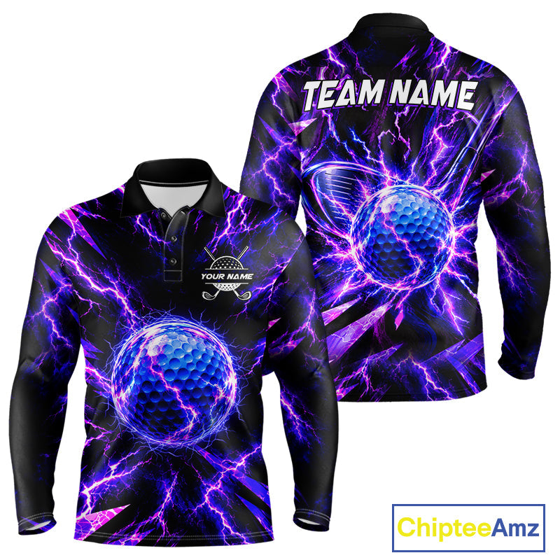 Personalized Purple Electric Lightning Golf Polo Shirt, Custom Golf Ball Polo Shirt