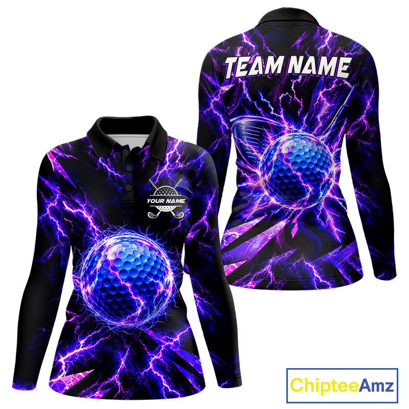 Personalized Purple Electric Lightning Golf Polo Shirt, Custom Golf Ball Polo Shirt