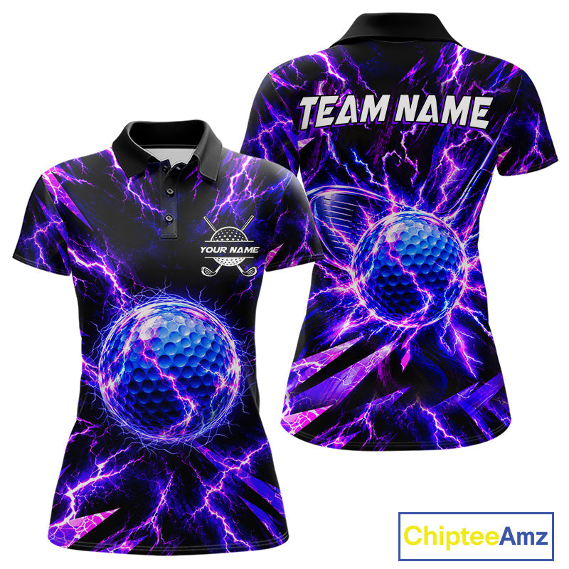 Personalized Purple Electric Lightning Golf Polo Shirt, Custom Golf Ball Polo Shirt