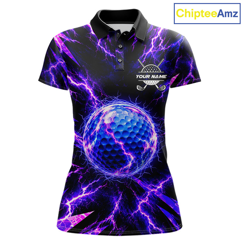 Personalized Purple Electric Lightning Golf Polo Shirt, Custom Golf Ball Polo Shirt