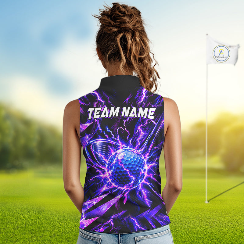 Personalized Purple Electric Lightning Sleeveless Golf Polo Shirt, Custom Golf Ball Polo Shirt