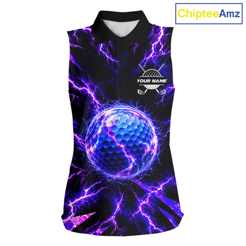 Personalized Purple Electric Lightning Sleeveless Golf Polo Shirt, Custom Golf Ball Polo Shirt