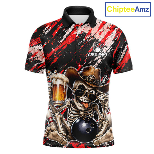 Custom Skeleton Cowboy Bowling Beer Polo Shirt Red, Funny Bowling Shirt For Bowlers