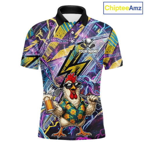 Funny Rooster Golf Polo Shirt Custom Name Purple Yellow Golf Team Shirt