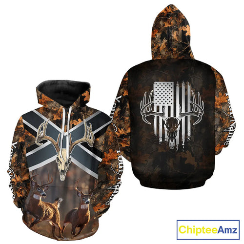 Hunting Shirt with Running Deer Design US Flag - Orange Camo Custom Name 3D Print