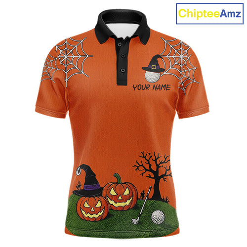 Halloween Pumpkin Golf Polo Shirt Personalized Custom Name Funny Golf Gift