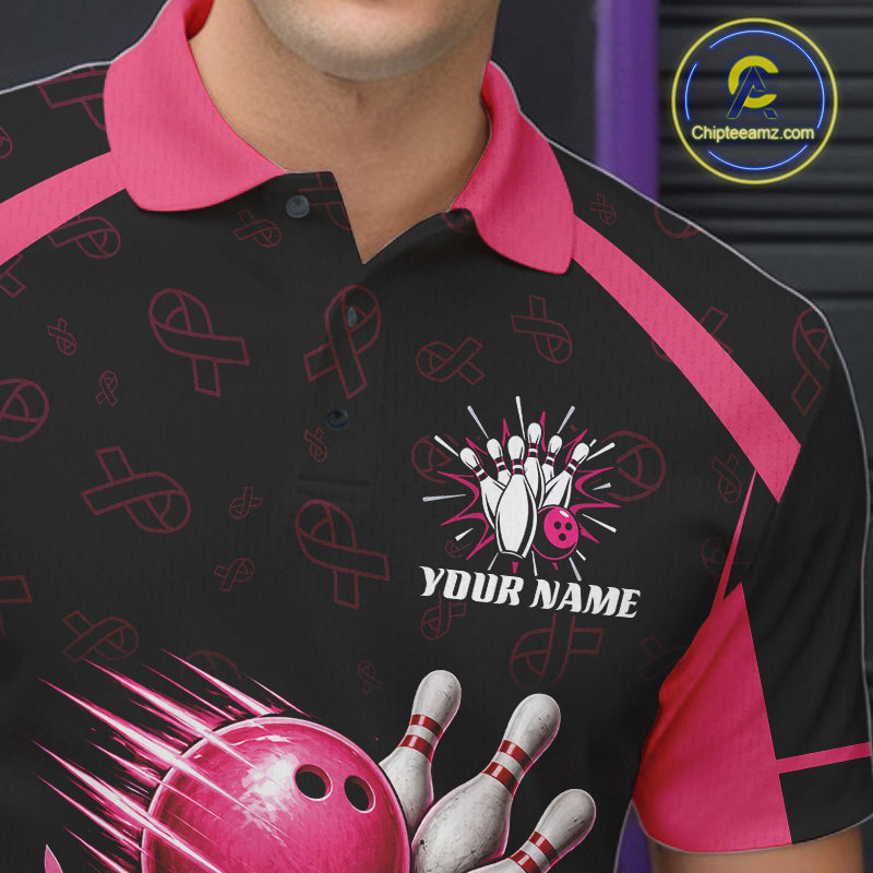 Custom Name Pink Ribbon Bowling Polo Shirt, Breast Cancer Awareness Team Sports Shirt