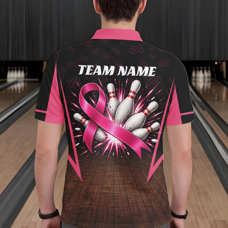 Custom Name Pink Ribbon Bowling Polo Shirt, Breast Cancer Awareness Team Sports Shirt