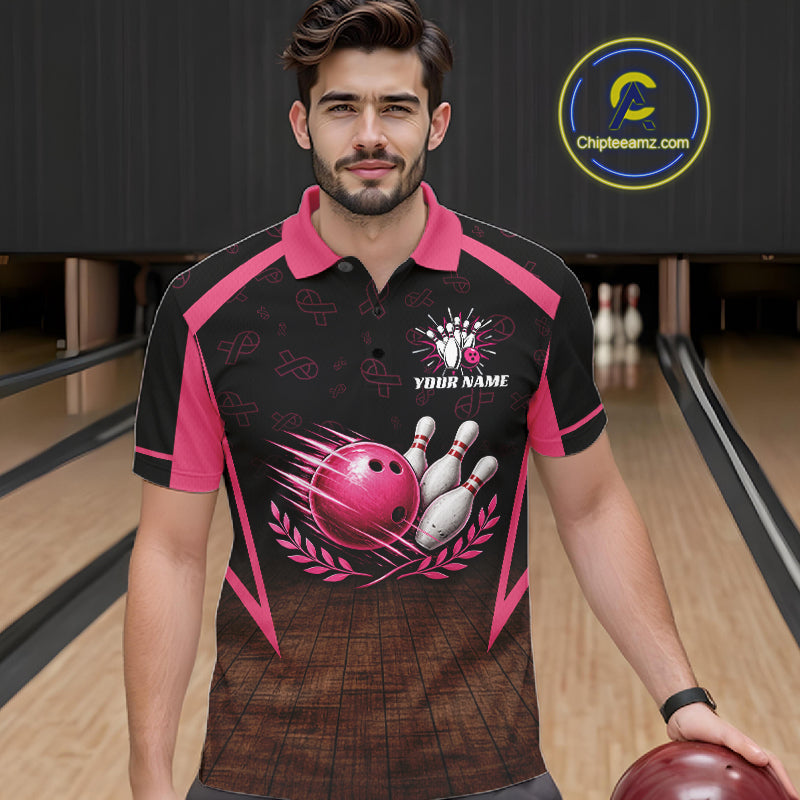 Custom Name Pink Ribbon Bowling Polo Shirt, Breast Cancer Awareness Team Sports Shirt