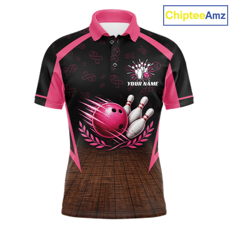 Custom Name Pink Ribbon Bowling Polo Shirt, Breast Cancer Awareness Team Sports Shirt