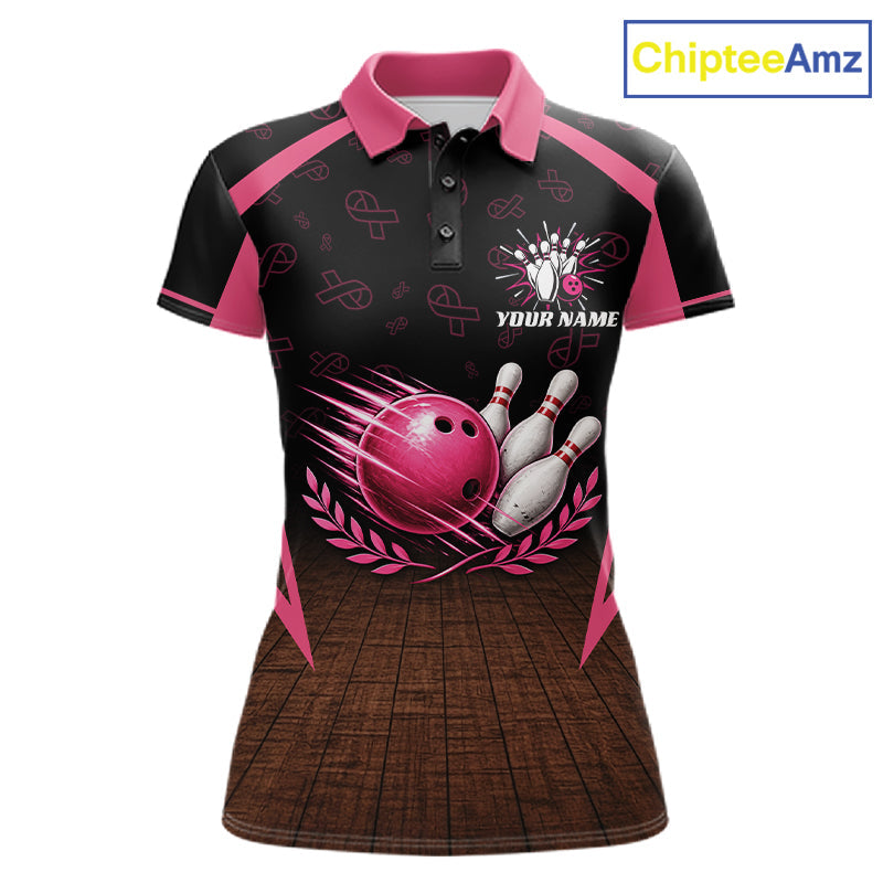 Custom Name Pink Ribbon Bowling Polo Shirt, Breast Cancer Awareness Team Sports Shirt