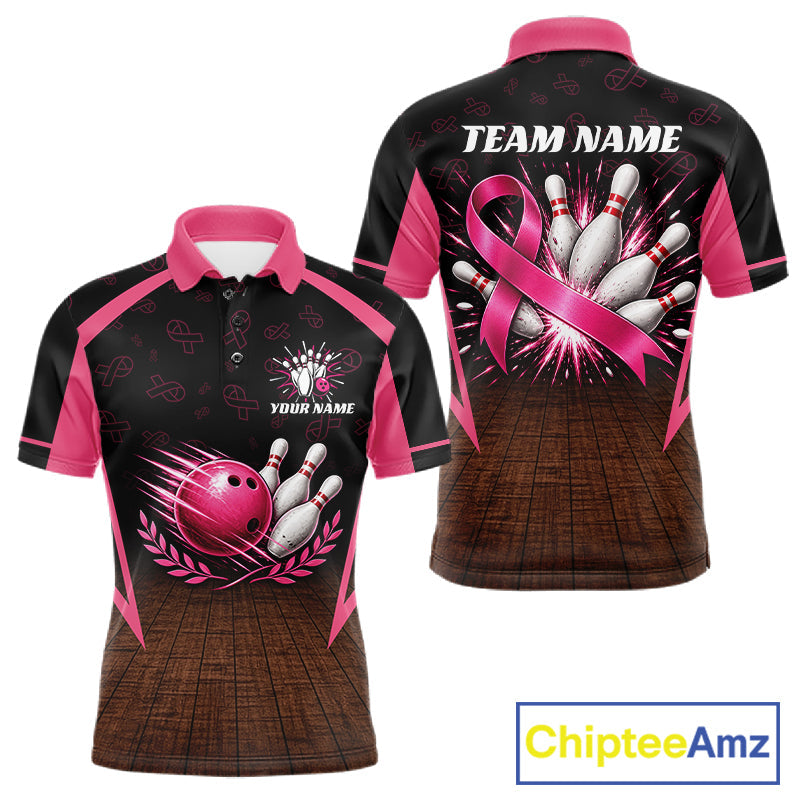 Custom Name Pink Ribbon Bowling Polo Shirt, Breast Cancer Awareness Team Sports Shirt