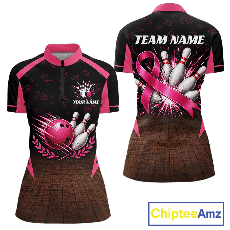 Custom Name Pink Ribbon Bowling Polo Shirt, Breast Cancer Awareness Team Sports Shirt