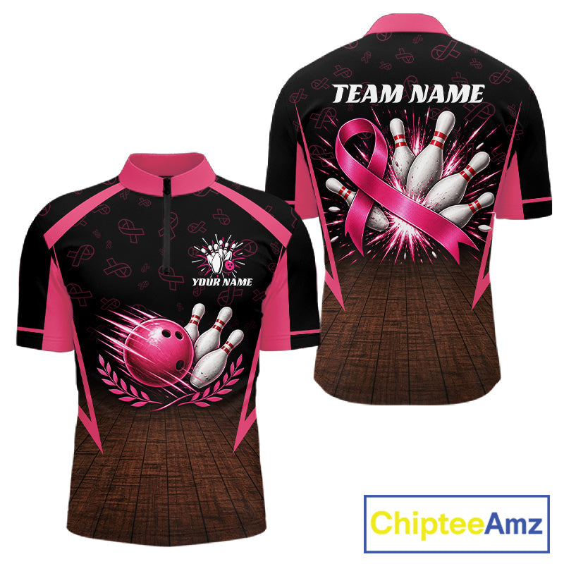 Custom Name Pink Ribbon Bowling Polo Shirt, Breast Cancer Awareness Team Sports Shirt