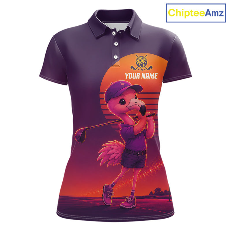 Personalized Flamingo Golf Shirt - Retro Sunset Golf Polo Shirt