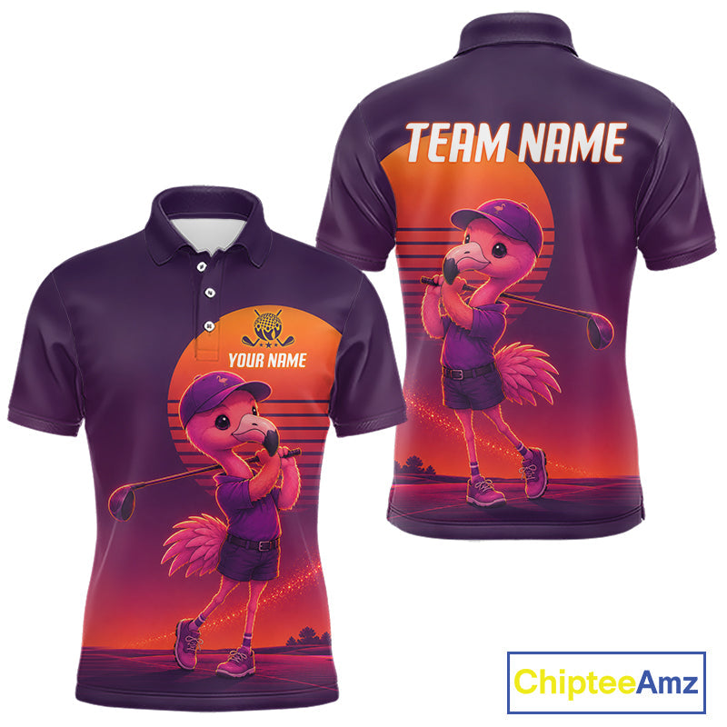 Personalized Flamingo Golf Shirt - Retro Sunset Golf Polo Shirt