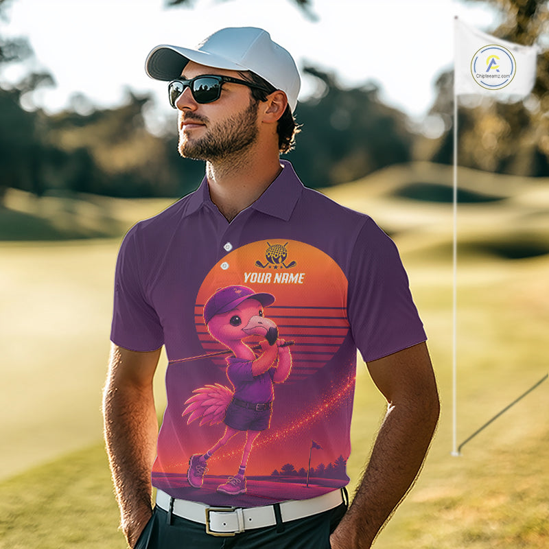 Personalized Flamingo Golf Shirt - Retro Sunset Golf Polo Shirt