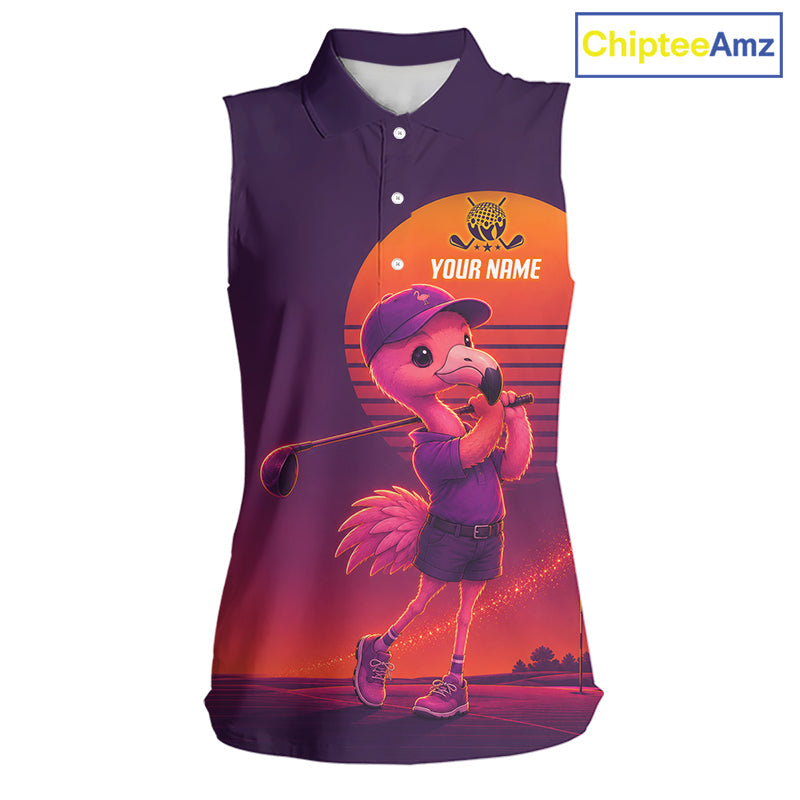 Personalized Flamingo Golf Shirt - Retro Sunset Sleeeveless Golf Polo Shirt