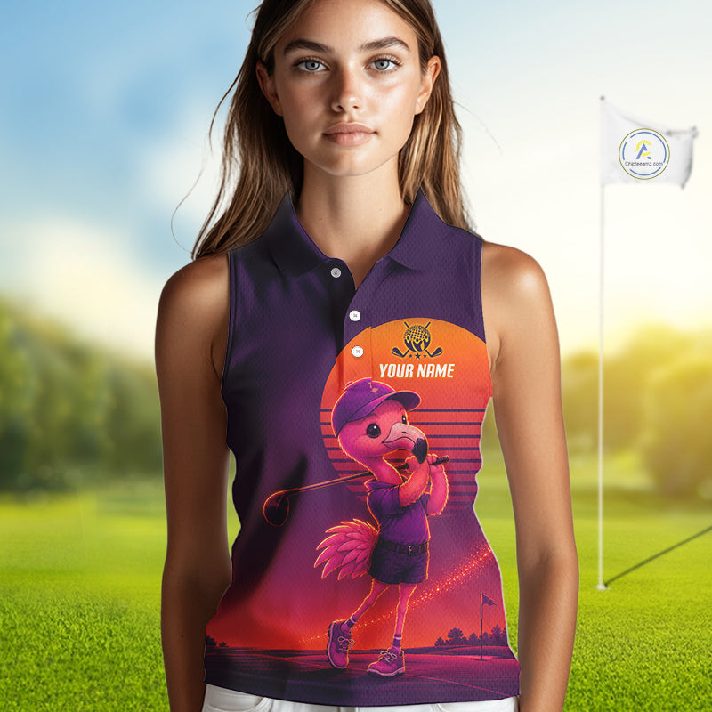 Personalized Flamingo Golf Shirt - Retro Sunset Sleeeveless Golf Polo Shirt