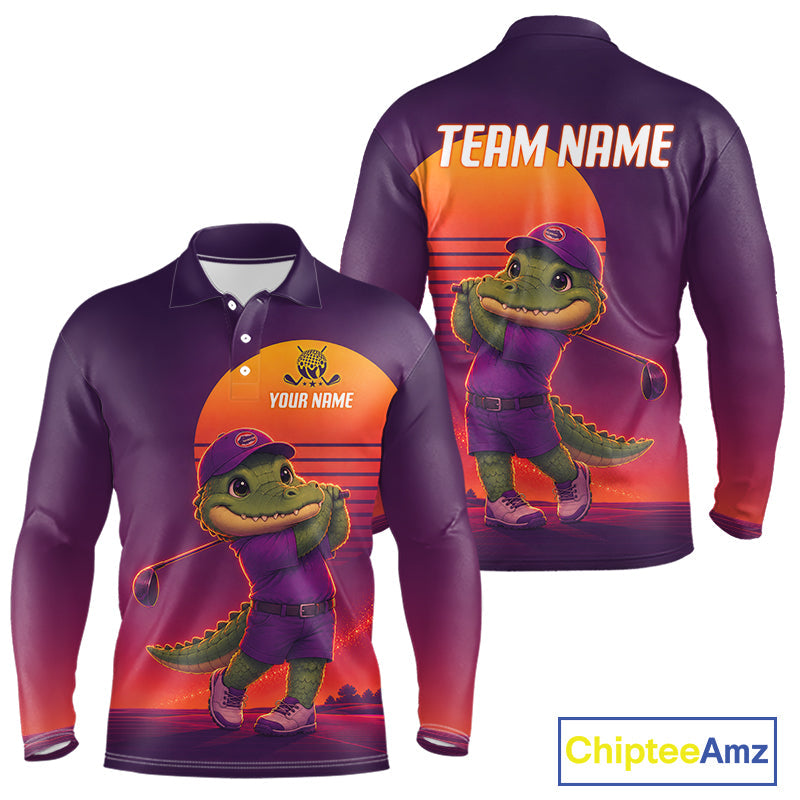 Personalized Alligator Golf Shirt - Retro Sunset Golf Polo Shirt