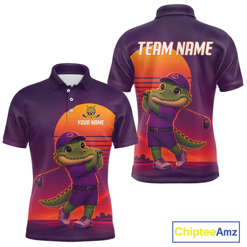 Personalized Alligator Golf Shirt - Retro Sunset Golf Polo Shirt