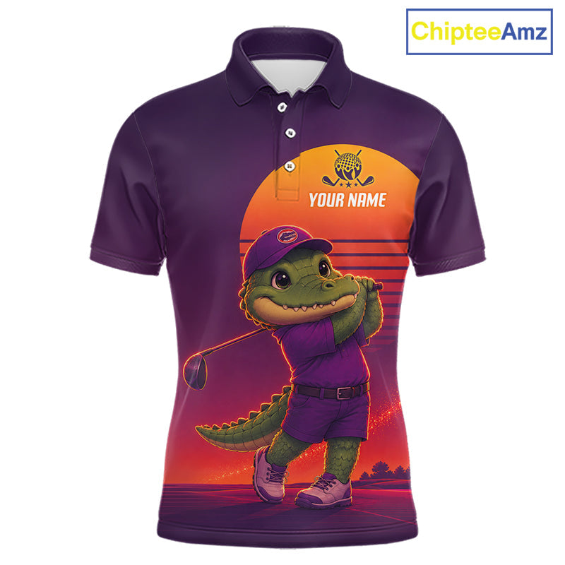 Personalized Alligator Golf Shirt - Retro Sunset Golf Polo Shirt