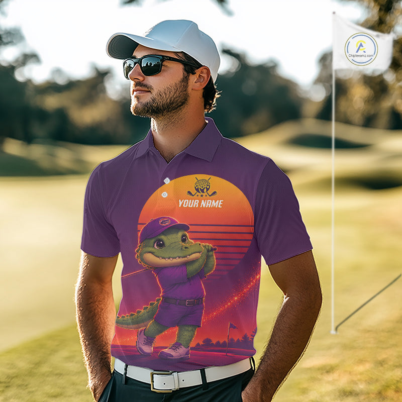Personalized Alligator Golf Shirt - Retro Sunset Golf Polo Shirt
