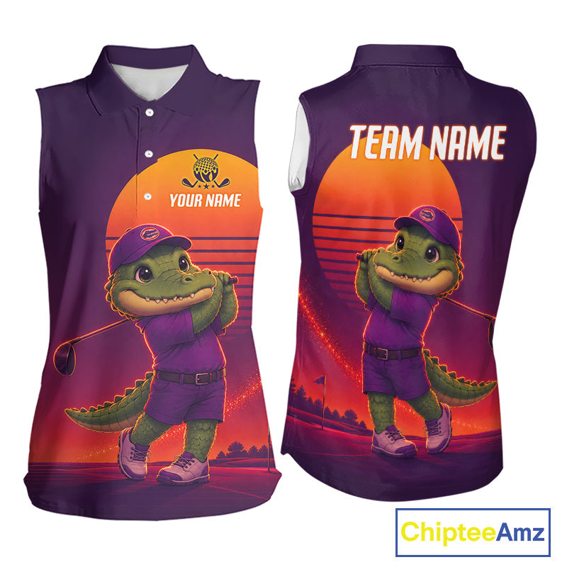 Personalized Alligator Golf Shirt - Retro Sunset Sleeeveless Golf Polo Shirt