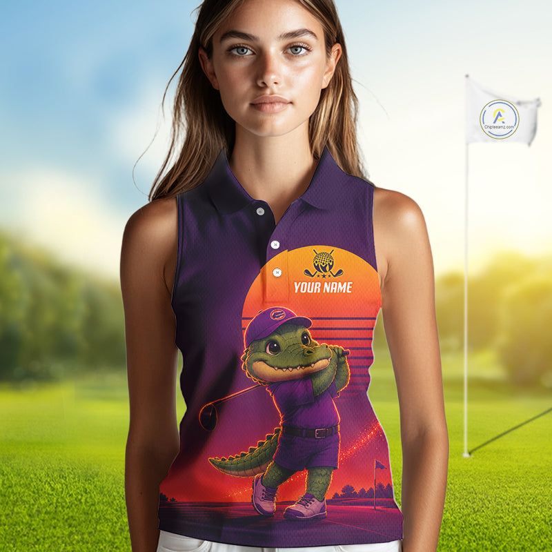 Personalized Alligator Golf Shirt - Retro Sunset Sleeeveless Golf Polo Shirt