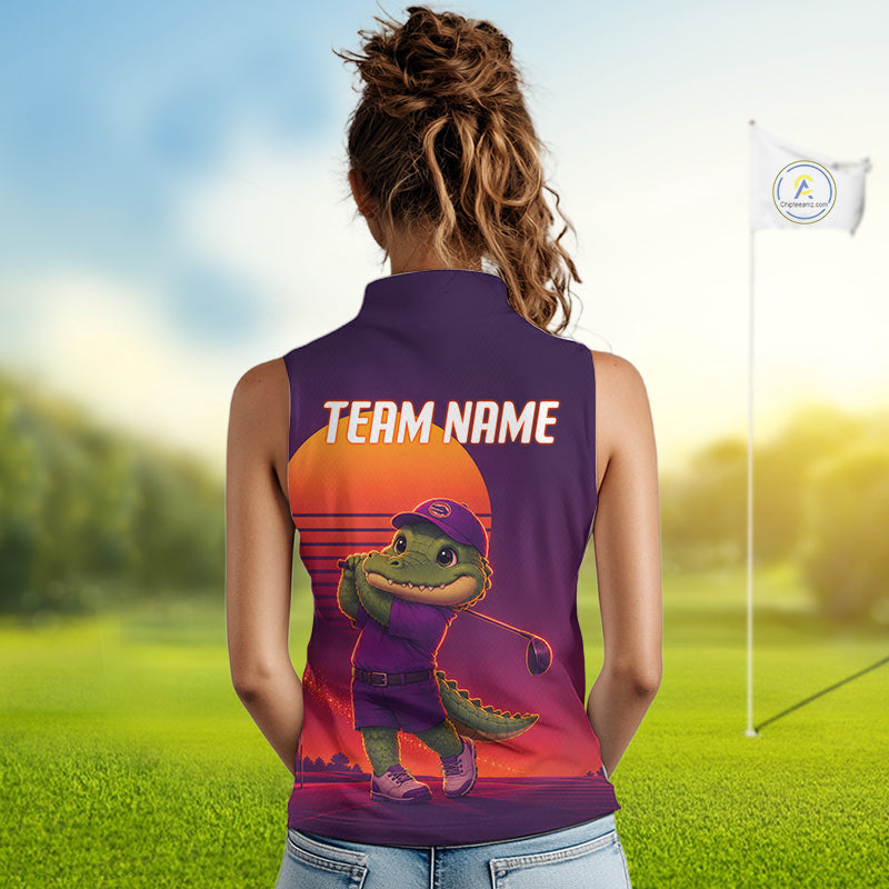 Personalized Alligator Golf Shirt - Retro Sunset Sleeeveless Golf Polo Shirt